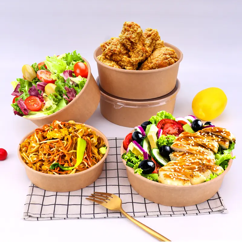 Custom Disposable Biodegradable Brown Kraft Food Paper Bowl with Lid