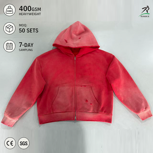 Custom <b>Men</b> 400GSM Heavyweight Gradient <b>Red</b> Vintage Washed Zip Up <b>Hoodie</b> Distressed Ripped Streetwear Hooded Jacket OEM ODM - Product Image 1