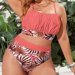 Conjunto de estampado de plantas nuevas de fábrica, <span class=keywords><strong>tirantes</strong></span> plisados en el pecho, cintura alta dividida, <span class=keywords><strong>Bikini</strong></span> de talla grande, traje de baño - Product Image 2