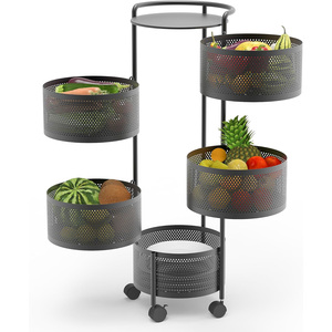 2/3/4/5 Tier Cast Iron Kitchen Storage Rack with 360 Degree Rotating <b>Vegetable</b> Baskets and Wheels Space-Saving Modern Design - Product Image 1