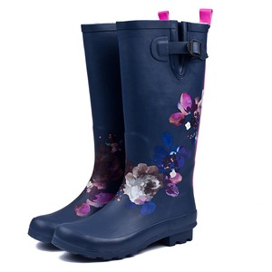 Bottes <span class=keywords><strong>de</strong></span> <span class=keywords><strong>pluie</strong></span> hautes pour femmes, tendance, <span class=keywords><strong>bleu</strong></span> <span class=keywords><strong>marine</strong></span>, à fleurs, chaussures d'eau en caoutchouc, vente en gros transfrontalière - Product Image 6