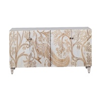 Buffet en bois sculpté à la main avec motif floral |   Console de rangement antique blanchie à la chaux |   Buffet de luxe pour salon et salle à manger