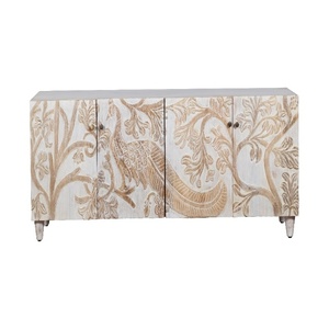 Buffet en bois sculpté à la main avec motif floral |   Console de rangement antique blanchie à la chaux |   Buffet de luxe pour salon et salle à manger - Product Image 2