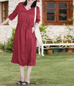 Vestido Maxi de Lino/Algodón para Mujer, Corte Regular, Cuello en V, Manga Corta, Color Sólido, Transpirable, Cintura Natural, con Cinturón, Estilo Casual de Primavera - Product Image 4