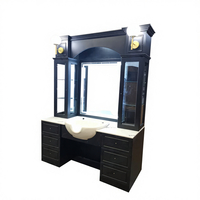 Station de coiffure multifonctionnelle en bois avec miroir en verre noir pour salon de beauté, station de coiffure avec lavabo