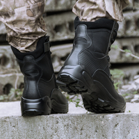 Bottes tactiques en cuir de vache à lacets et fermeture éclair, semelle épaisse, mi-mollet, noires, pour homme, hiver, extérieur