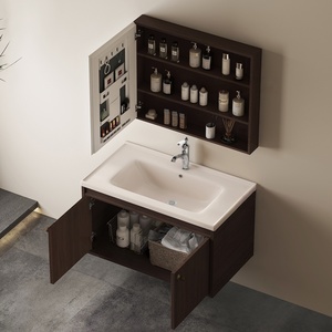 Modern Walnut Color MDF Bathroom Vanity Unit with Smart Mirror Wall-Mounted Ceramic Basin - Product Image 3