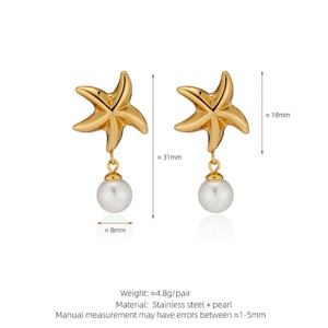 Aretes Personalizados al por Mayor, Resistentes al Agua, de Acero Inoxidable, Chapados en Oro de 18k, con Perlas Finas, Aretes de Estrella de Mar para Mujeres y Adolescentes - Product Image 6