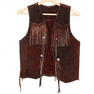 Chaleco de Cuero Genuino para Hombre con Flecos, Cuello en V, Cierre de un Solo Botón, Ropa de Abrigo para Otoño - Product Image 1