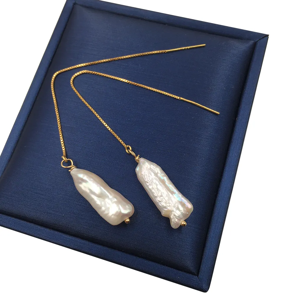 Orecchino di perle d'acqua dolce barocche biwa natura, orecchini di filo a catena con scatola riempita in oro 14 carati di moda per matrimonio larghezza 8 mm perla