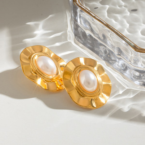 Geometric Pearl <b>Stud</b> Earrings Gold Oval Bezel Setting <b>Titanium</b> Steel Everyday Wear - Product Image 3