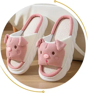 Pantoufles en dentelle de lapin mignon à la mode, pantoufles en lin d'ours, pantoufles d'animaux, chaussures d'été en lin de coton,