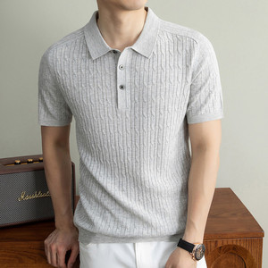 เสื้อโปโลผู้ชาย แขนสั้น สีเทา ผ้าถักลายเคเบิ้ล สไตล์ลำลองสำหรับธุรกิจ ใส่ได้ในฤดูร้อน ไซส์ M L XL 2XL 3XL - Product Image 4