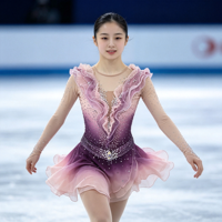 Robe de patinage artistique à volants dégradé rose-violet, dos en V profond, jupe en mousseline ornée de strass, costume de performance de compétition personnalisé