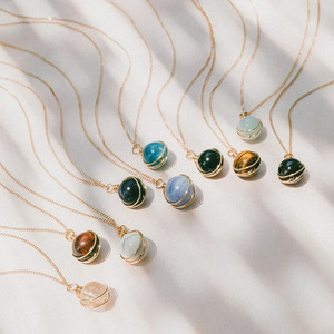 Gemstone <b>Necklaces</b> | 18K PVD Gold Plated Stainless Steel Wire-Wrapped Natural Stone Celestial Sphere Planet Pendants - Product Image 3