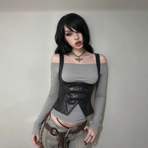 Gilet corset en similicuir pour femme, ceinture à double boutonnage avec boutons gravés et dos à lacets, haut gothique punk - Product Image 4