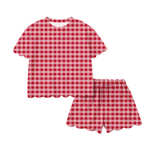 GSSO3187 Vente en gros personnalisée Petite fille Tenues d'été à carreaux rouges à manches courtes Ensemble de vêtements pour enfants - Product Image 6