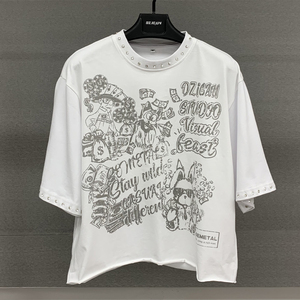 เสื้อยืดโอเวอร์ไซส์ทรงครอปพิมพ์ลายกราฟิกตามสั่งสำหรับผู้ชาย ผ้าคอตตอนหนา 220gsm ทรงหลวมไหล่ตก ประดับคริสตัล - Product Image 6