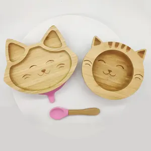 In 2023, Hot sells Cute cat bowl and plate combination Bamboo does not contain BPA Bamboo baby bowls & plates