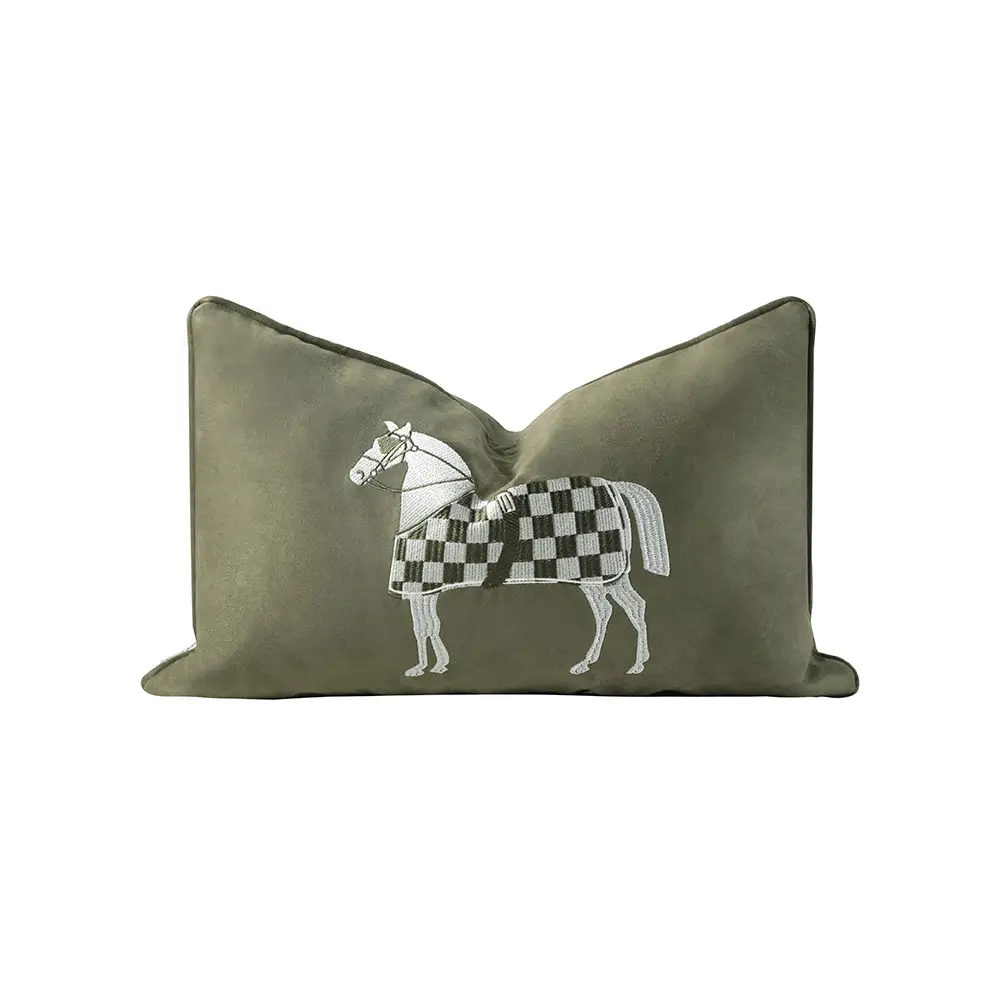 Funda de almohada de tela de corteza de cabra de diseño de lujo, funda de cojín de caballo bordado para sofá