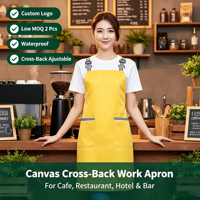 Tablier de travail personnalisé avec logo, à bretelles croisées, imperméable, sangle réglable, double poches, faible MOQ pour café, restaurant, hôtel, bar