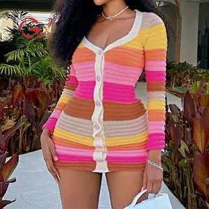 GX1146 फैशन 2024 महिलाओं की वी-गर्दन नई परिपक्व महिला सेक्सी बुना हुआ पोशाक लंबी आस्तीन रंगीन पैचवर्क सुरुचिपूर्ण मिनी ड्रेस