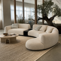 Ensemble de canapés modulaires en chenille courbés en forme de croissant de lune, avec double chaise longue, structure en bois de marron, mousse haute densité, style moderne et minimaliste