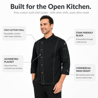 Veste de chef pour la restauration hôtelière, uniforme de chef en sergé poly, logo brodé personnalisé, surpiqûres contrastées, veste de chef lavable à usage commercial