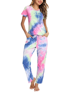 Conjunto de pijama de algodón con efecto tie-dye para mujer, manga corta, cuello redondo, pantalones largos con cordón y bolsillos laterales, ropa informal de verano - Product Image 1