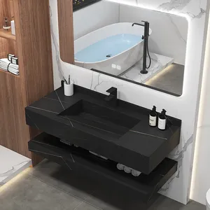 Lavabo de tocador integrado de mármol montado en la pared personalizado de hotel de lujo lavabo de doble losa para Baño - Product Image 3
