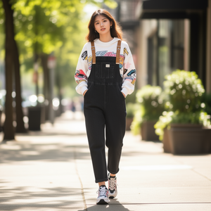 N068 Salopette in Denim da Donna a Vita Alta Vestibilità Ampia Lavaggio Scuro Stile Casual in Tessuto 100% Cotone con Tasche - Product Image 2