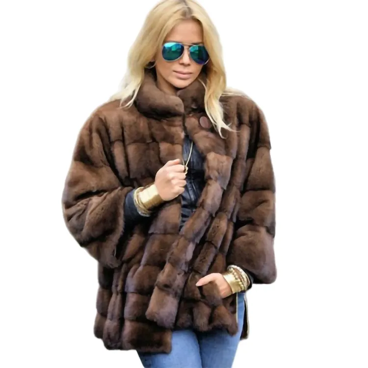 Wholesale High Quality Faux fur Sable Winter Warm Stand Collar Mid Length Style Luxurious Faux Mink Fur Coat