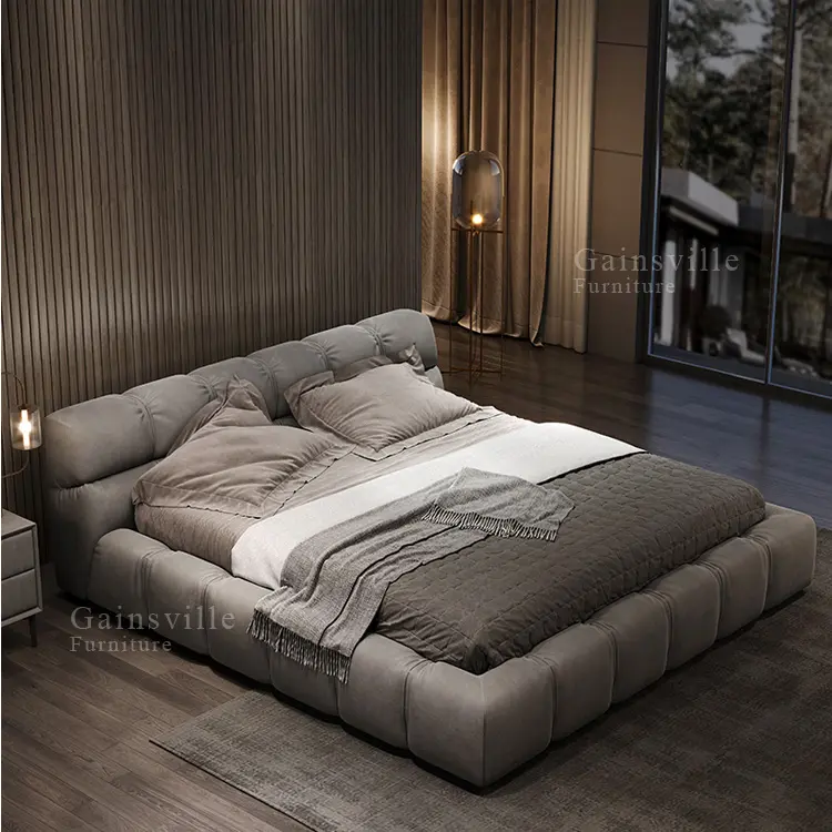 Оптовая продажа, Роскошная Современная двуспальная кровать на заказ, тканевая серо-металлическая рама, мебель для спальни, сделано в Китае