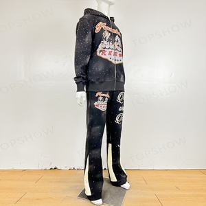 Conjunto Deportivo Urbano con Pedrería, Lavado Ácido, Pantalones Deportivos Acampanados de Algodón, Diseño Gráfico Personalizado, Pantalones Deportivos Acampanados Desteñidos y Sudadera con Cremallera para Hombre - Product Image 3