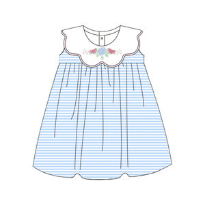 Vestido infantil GSD38670 personalizado para niña, diseño boutique con estampado de flores y rayas azules, venta al por mayor, vestido de manga corta para bebé. - Product Image 1