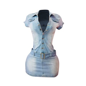 Nuova moda di alta qualità Mini <span class=keywords><strong>abito</strong></span> da donna a manica corta girocollo con bottone in <span class=keywords><strong>Denim</strong></span> con cintura vestito Casual da donna - Product Image 5