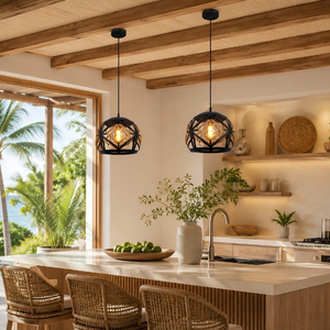 Vente directe d'usine, best-seller, luminaire suspendu en métal noir Boho Solaris avec corde en chanvre et globe en verre ambré - Product Image 2