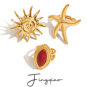 Yueli Sun Star Red Agate <b>Ring</b> <b>Set</b> Geometric <b>Gold</b> Tone Unisex Party Jewelry - Product Image 1