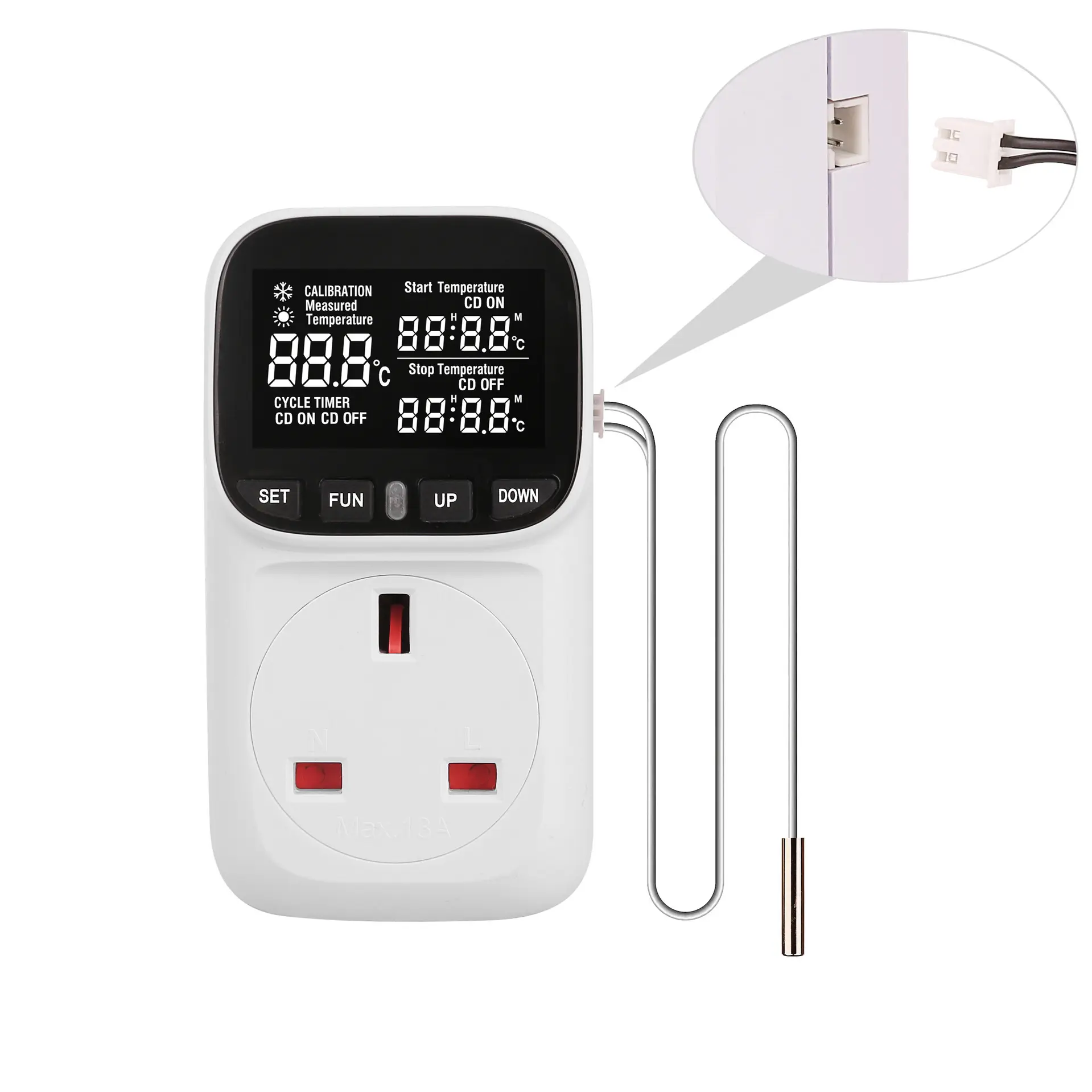 Termostato digital controlador de temperatura, temporizador, tomada de aquecimento e refrigeração, diurna e noturna, com sensor
