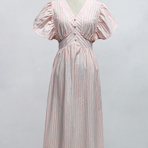 Robes pour femmes de haute qualité personnalisées OEM/ODM, mode simple, couleur unie, rayées, manches bouffantes, robes midi décontractées - Product Image 2