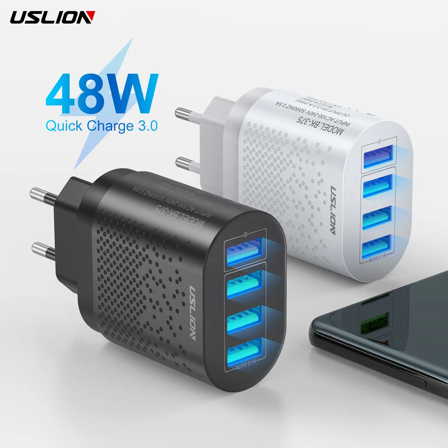 USLION OEM 4 USB Charger Mobile Phone 48W Quick Charge 3.0 Portable USB Fast Wall Charger Adapter for HUAWEI iphone Samsung