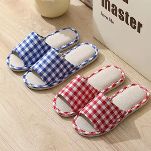 All Seasons Women Men Anti-Slip Checkered Linen Midsole Korean Style Open Toe Indoor <b>Slipper</b> - Product Image 4