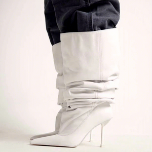 Bottes en cuir d'agneau à talon aiguille pour filles Bottes baggy à jambes larges AM Anok Bottes à cuisse <span class=keywords><strong>Sexy</strong></span> 105 Jahleel pour femmes Bottes au genou en cuir blanc - Product Image 1