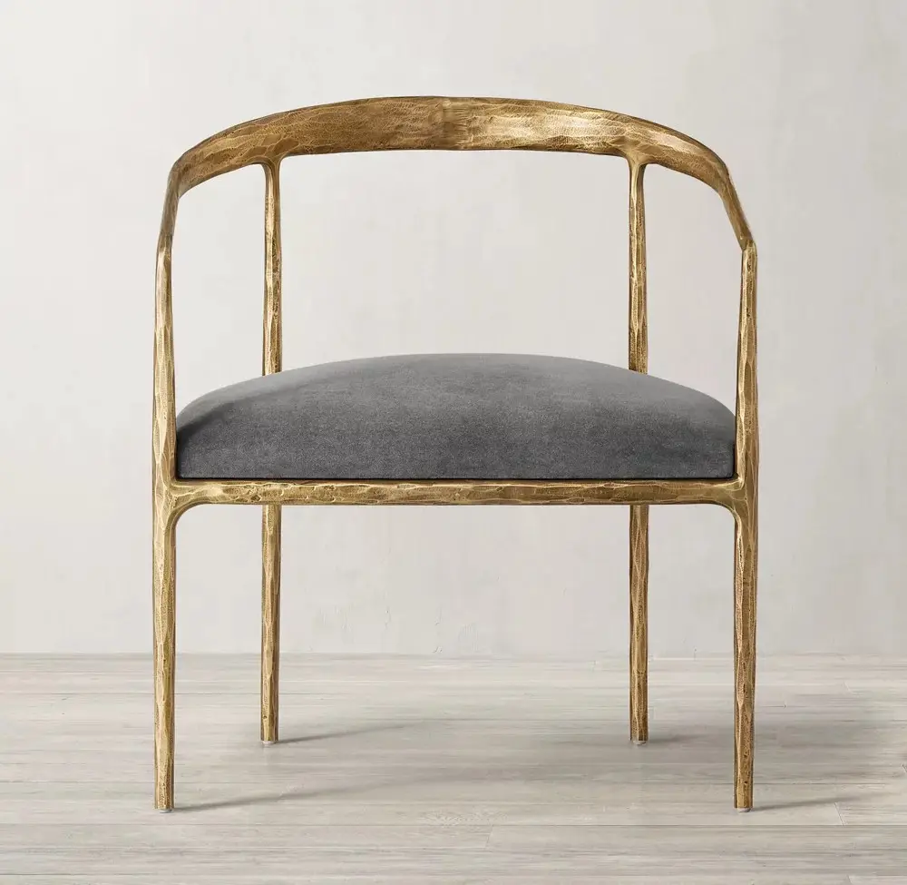 Factory Custom Vintage Thaddeus Forged Brass Curved Armchair Upholstered Metal Accent Chair