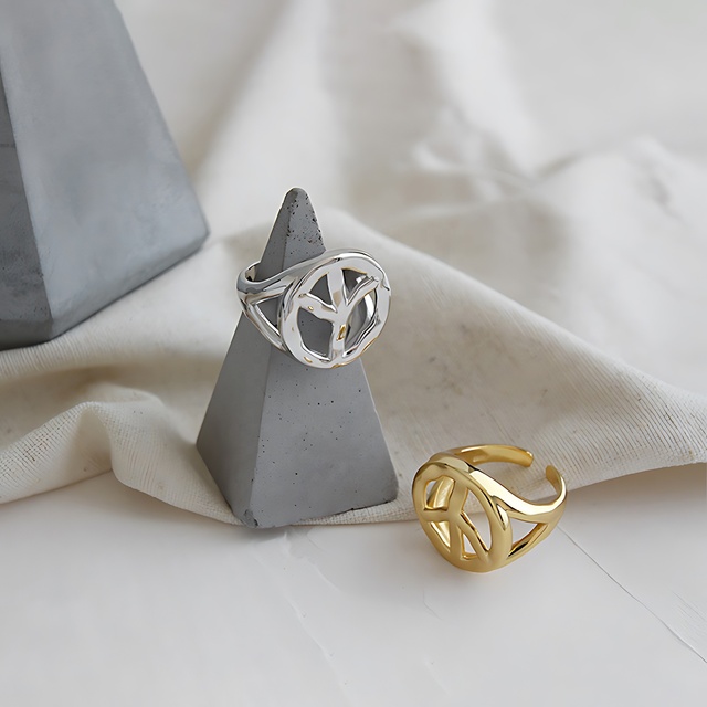 Trendy 925 Sterling Silver Gold Plated Peace Symbol Open Ring Modern Statement Jewelry for Women Daily Wear