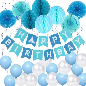 生日派对装饰生日快乐横幅纸扇蜂窝球挂漩涡和气球蓝天蓝色和白色