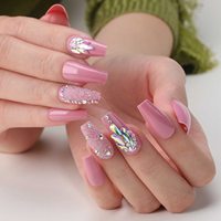 Ongles en acrylique artificiels faits à la main, longs et brillants, en forme de cercueil, avec strass et diamants, vente en gros