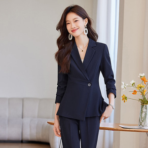 Women's Fitted Waist Suit Set Full Sleeve Spring Office Lady Anti-Wrinkle Professional <b>Work</b> Uniform Slit Jacket - Product Image 1