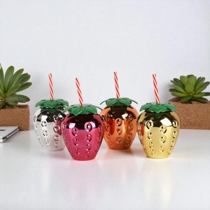 Plastic Strawberry Shape Party Drink <b>Cup</b> <b>With</b> Straw <b>With</b> <b>Lid</b> Electroplated Finish <b>Reusable</b> Party Event Custom Logo Wholesale - Product Image 4