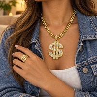 Ensemble de bijoux en strass couleur or avec signe dollar, 2 pièces, collier pendentif et bague, accessoires de fête hip-hop pour hommes